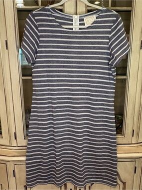 Sail to Sable Navy and White Striped Midi Shift Dress with Gold Zipper